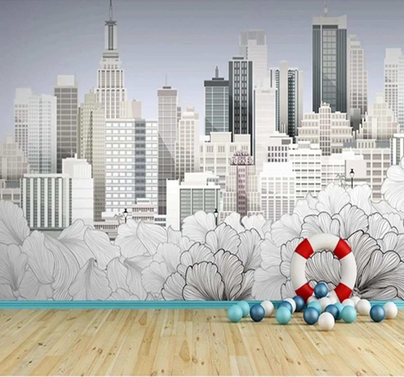 XLMING Hand Drawn Creative Black and White City Architecture Flowers 3D Wallpaper Silky Texture Home Study Office Grey Dining Room Sofa Bedroom Living Room TV Backdrop-200cm×140cm