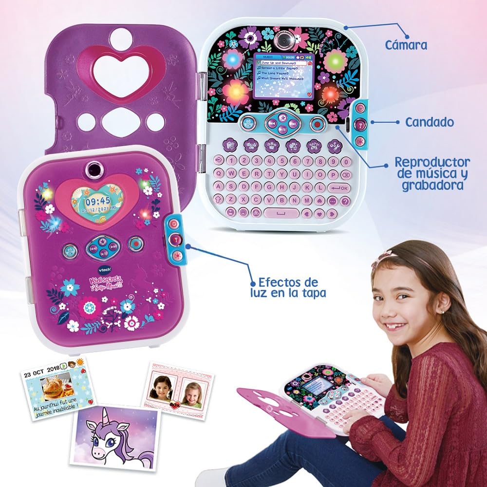 VTech - KidiSecrets Diario Secreto Digital, Reconocimiento Facial, Cámara Fotos y vídeo, MP3, Luces, Juegos Educativos y Mascota Virtual, Regalo niños +5 años, Versión ESP