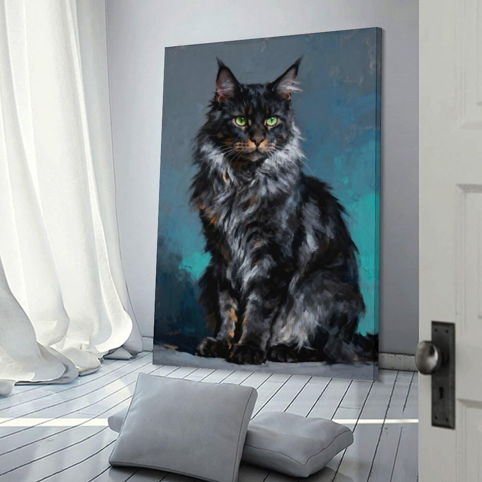 Junmoney Maine Coon Cat Portrait Painting Decorative Wall Artwork, 24x36inch(60x90cm), for Home Lounge, Bedroom Or Reading Nook, Eye Catching Artwork for Blank Walls