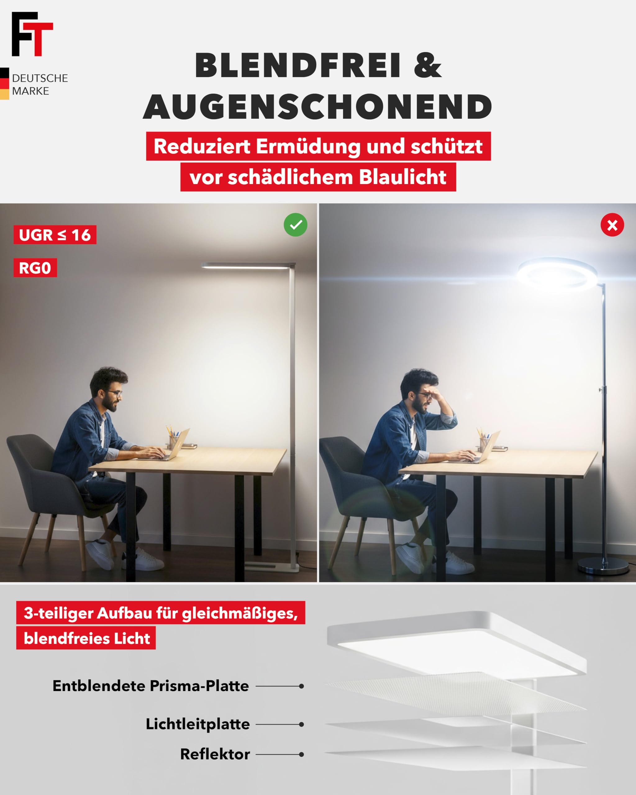 FeinTech LT920 LED Büro Stehlampe 100W Dimmbar 40W Down + 60W Up, UGR < 16, Ra > 98 und RG0 Vollspektrum Augenschutz LED Standleuchte, 8400 Lumen Tageslicht Bürolampe 4000K