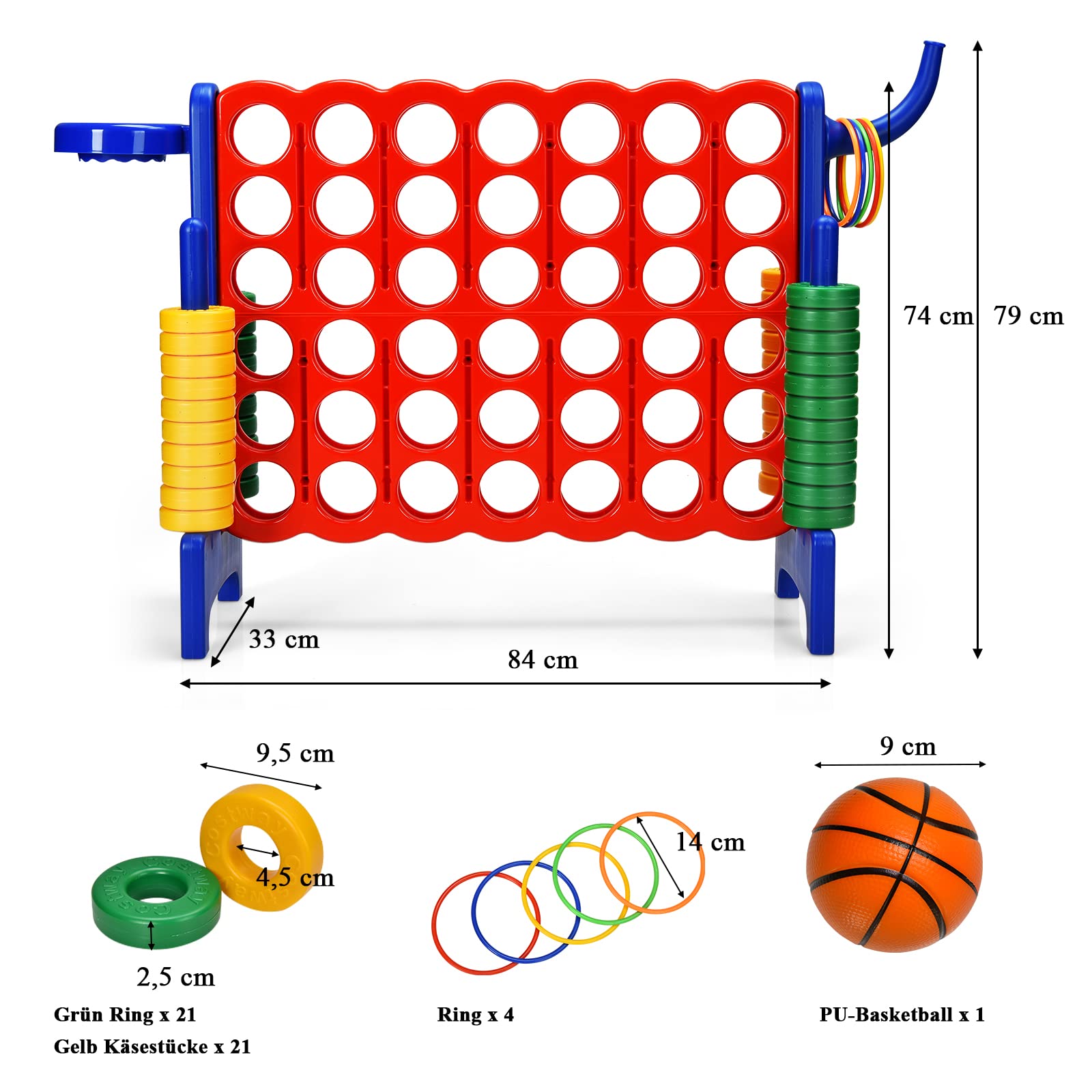 COSTWAY Riesiges 4 Gewinnt Spielset mit Basketballkorb und Wurfspiel, inkl. 42 Jumbo Ringen und Schieberegler zum schnellen Neustart, Vier in Einer Reihe Spiel groß (Rot + Blau)