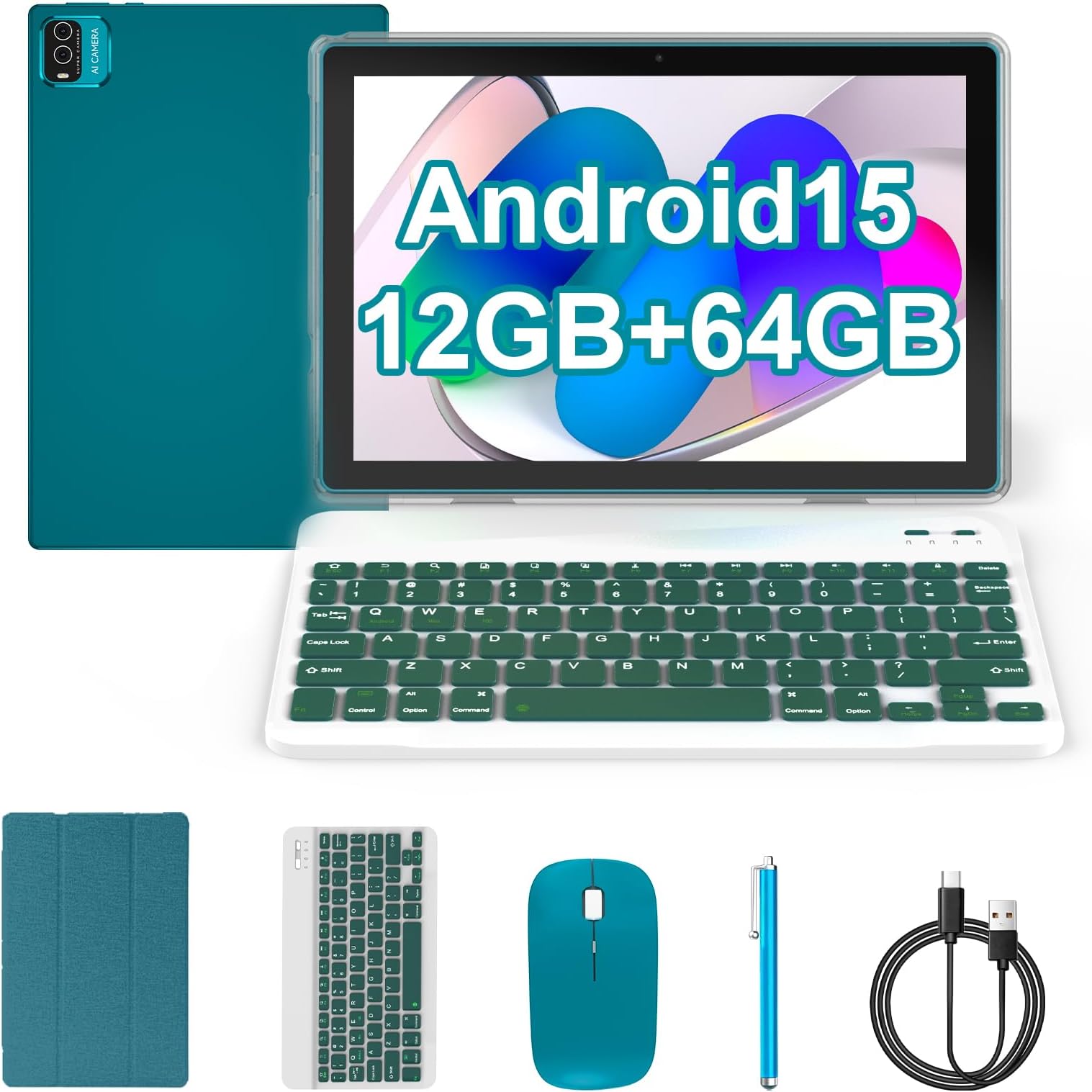 COOPERS Tablet Android 15, 10 inch Tablet 12GB RAM+64GB ROM Max 1TB, 1.8Ghz Quad-core Processor, 5G WiFi6, 6000mAh Battery Dual Camera, 2 in 1 Tablets with Keyboard Case Mouse Stylus, Widevine L1 Blue