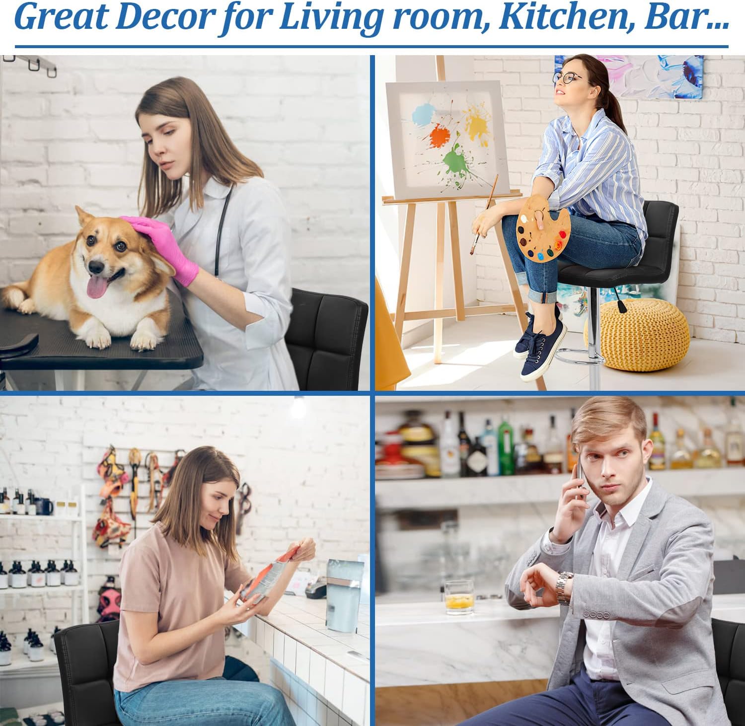 Bar Stools Set of 2, Modern Square PU Leather Bar Stools Barstools Bar Chairs, Height Adjustable Modern Swivel Stool with Back Counter Stools Dinning Chairs, Best Chic Bar Kitchen Home Furniture Black