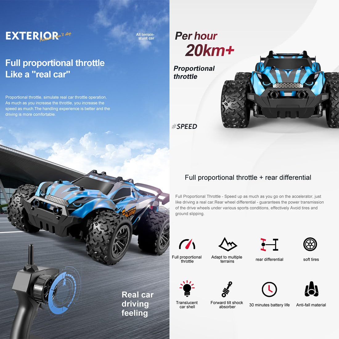 Samochód RC 1/20, 2,4 G, w pełni proporcjonalny RWD zdalnie sterowany samochód off-road, 20 km/h, zabawka dla dorosłych – wersja RTR