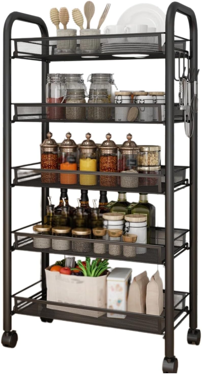 5 Tier Kitchen Storage Cart,Stackable Metal Mesh Fruit Vegetable Storage Basket with Hooks and Lockable Wheels,Narrow Shelf Unit for Kitchen, Bathroom, Bedroom, Office, Pantry, Black