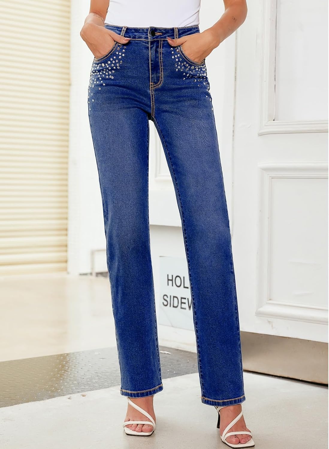 Sidefeel Women's Straight Leg Jeans High Waisted Stretchy Rhinestone Wide Leg Denim Pants - Image 4