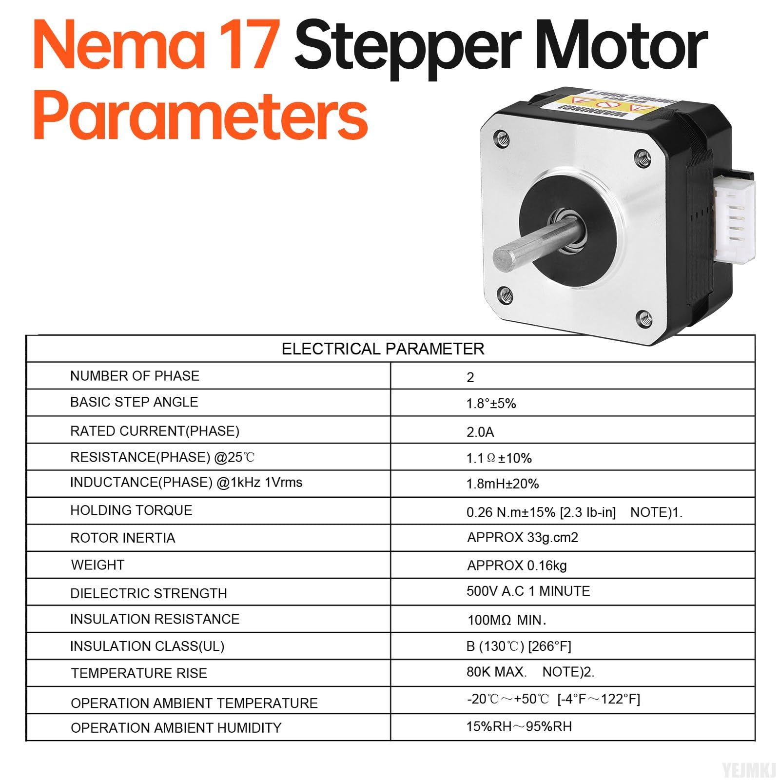 Lot de 10 moteurs pas à pas Nema 17 biphasés 1,8 ° 0,26 nm couple élevé bipolaire 26 mm 2,0 A 1,1 Ω arbre 4 fils 24 mm φ5 mm 42 câbles de moteur pas à pas 1 m pour imprimante 3D DIY Robot