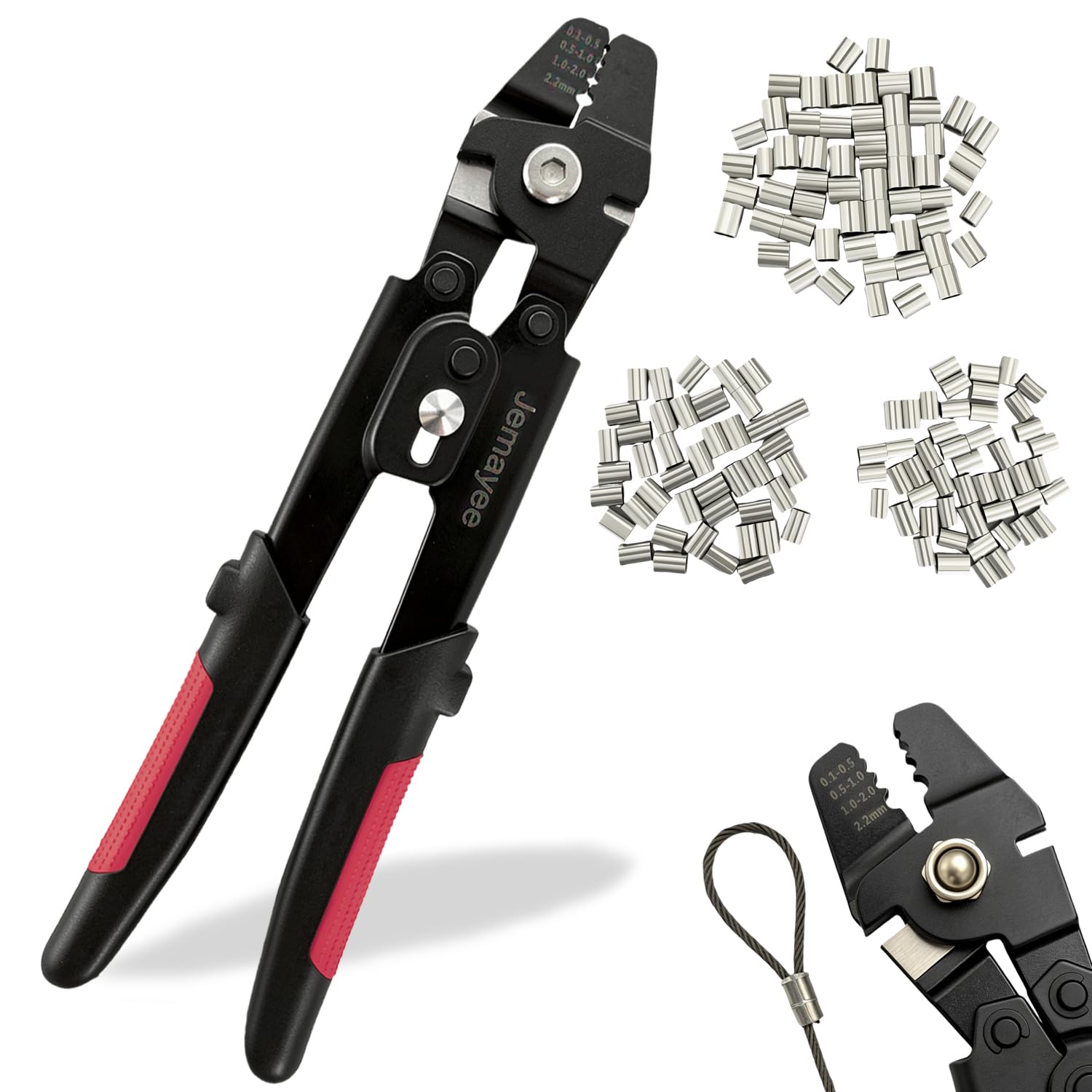 Wire Rope Cable Crimping Tool Kit Up to 2.2mm Wire Rope Swager Crimper Fishing Crimping Tool with 150 PCS Aluminum Double Barrel Ferrule Crimper Loop Sleeves