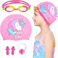 Vista 48 de Gorros de natación para niñas (de 2 a 6 años), gorro de natación de silicona impermeable duradero para cabello corto con gafas de natación, tapón