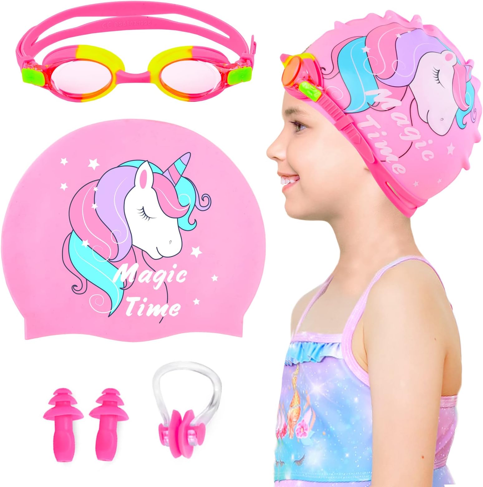 Kids Swim Caps for Girls (Age 2-6), Durable Waterproof Silicone Swimming Cap for Short Hair with Swimming Goggles, Ear Plug and Nose Clip
