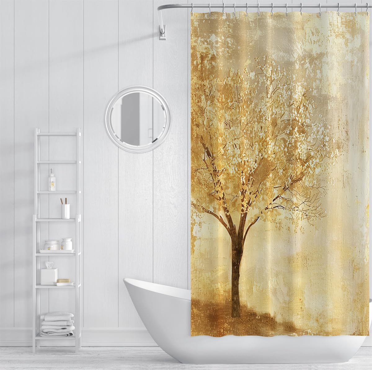 Drzewo Zasłona prysznicowa W180xL180cm Nowoczesne Rośliny Leśne Żółty Beżowy Złoty Z Teksturą Folia Aluminiowa Przeciw Pleśni i Pleśni Zasłony Łazienkowe Do Wann