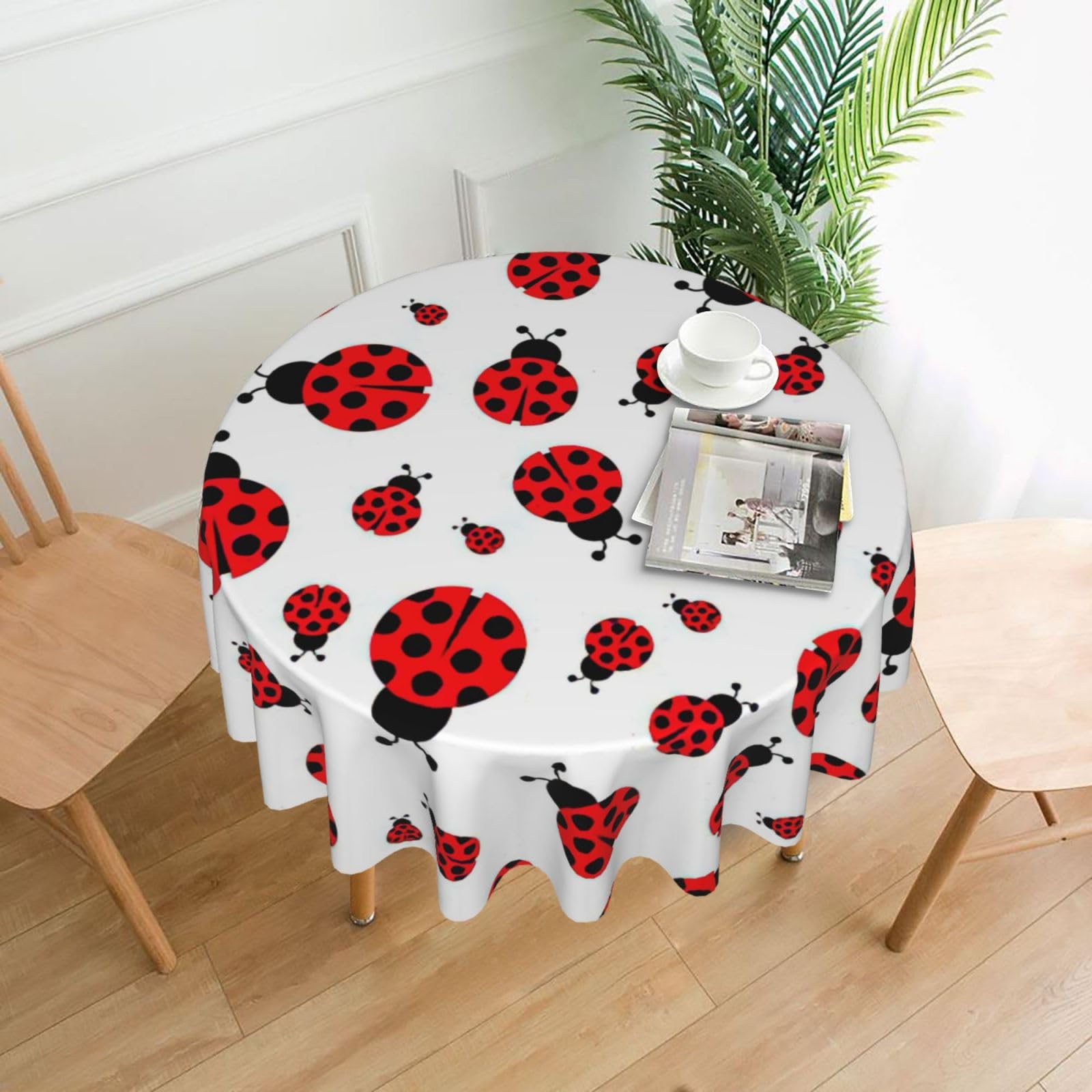 VCzsdff Ladybug Print Stain Resistant Round Tablecloth 60in Family Friendly Polyester Cloth for Kids Meals