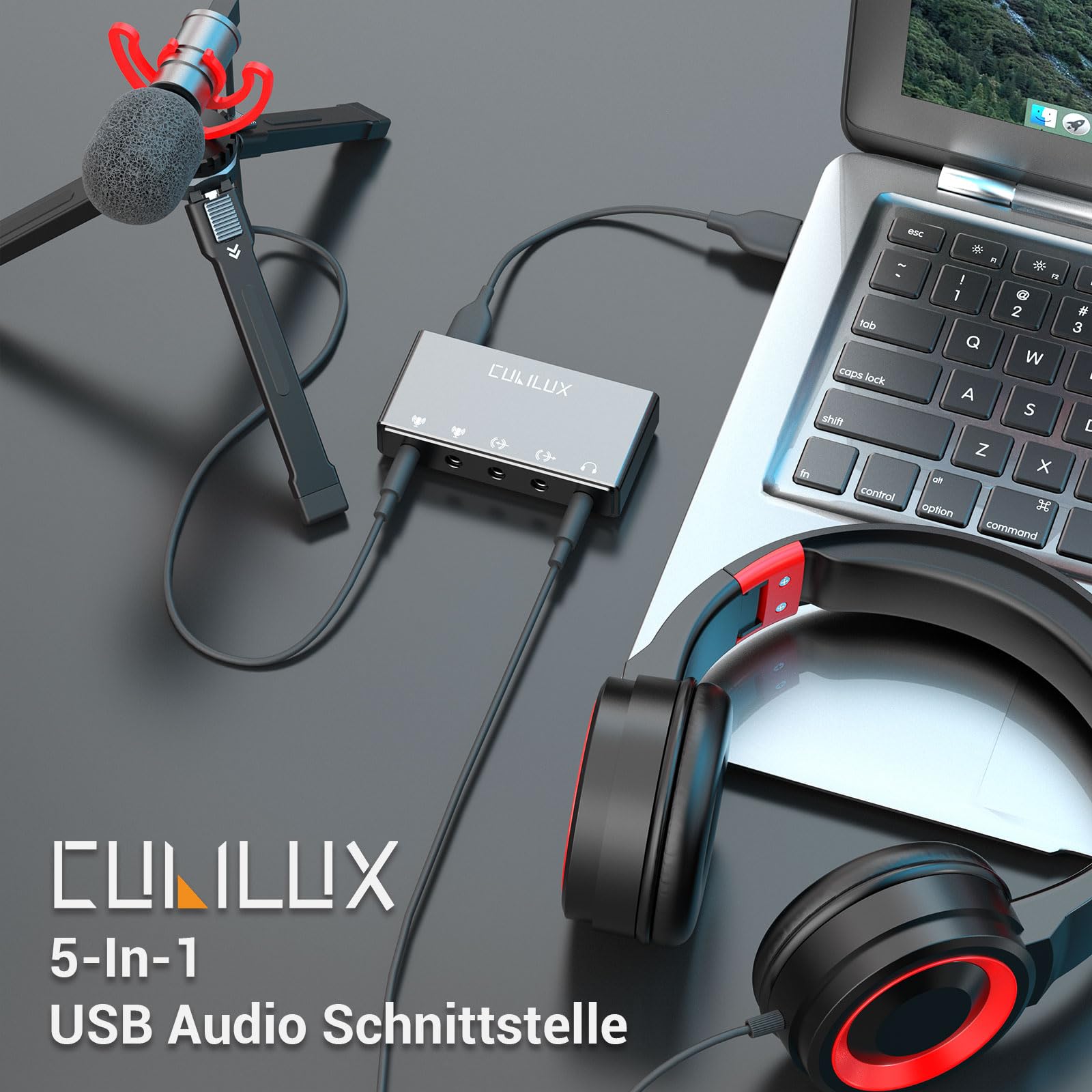 Cubilux CB5 USB Audiointerface, USB zu 3,5 mm Soundkarte mit Stereo Mikrofoneingang, Line In, Line Out, Kopfhörerausgang, für Recording, Streaming, Podcast, Windows, Mac OS