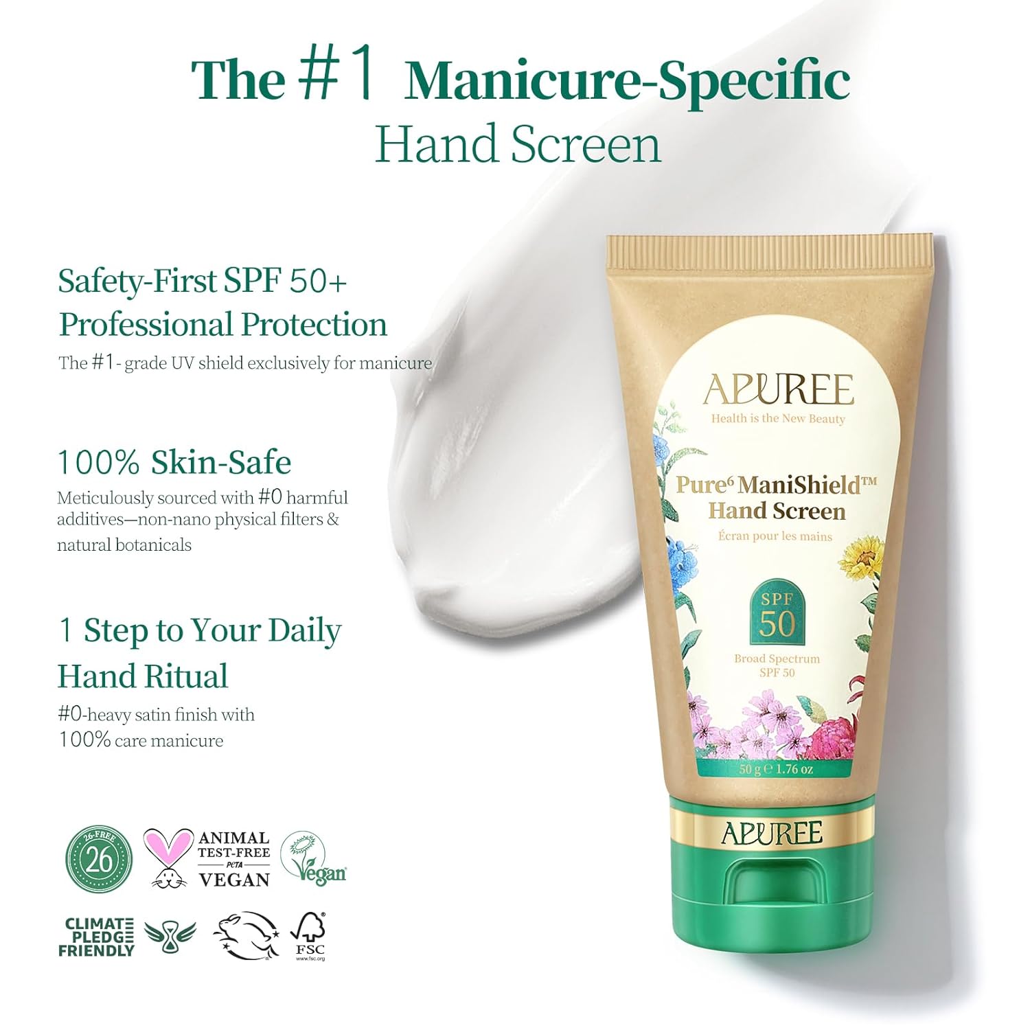 APUREE U V Nail Lamp Hand Screen: Hand Sunscreen SPF 50+/PA++++| UV Lights Protection Cream| Fragrance-Free & Hypoallergic Formula| For Nail Salon Home Use| Vegan & Cruelty Free| Deep Hydrate Moisture