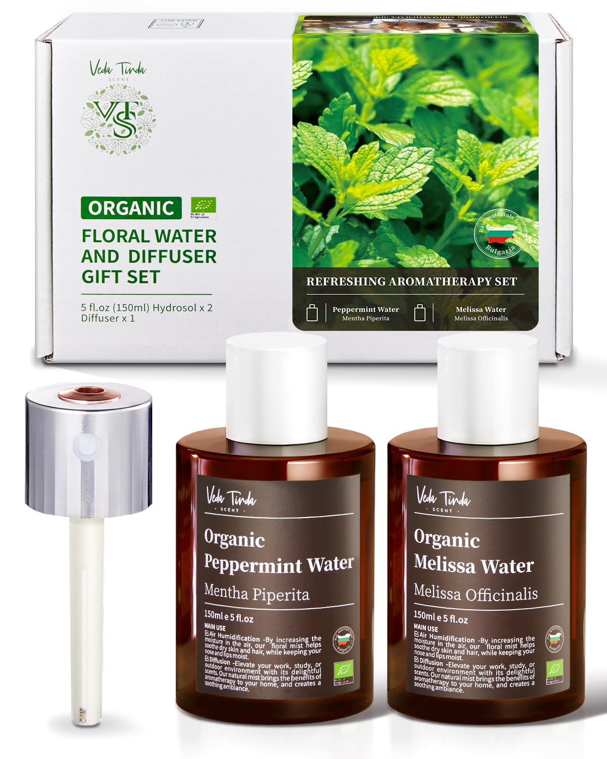 VTS Organic Peppermint and Melissa Floral Water Bedside Humidifier Set. (5fl.oz Organic Peppermint Floral Water & 5fl.oz Melissa Floral Waterl&Mini Humidifier).