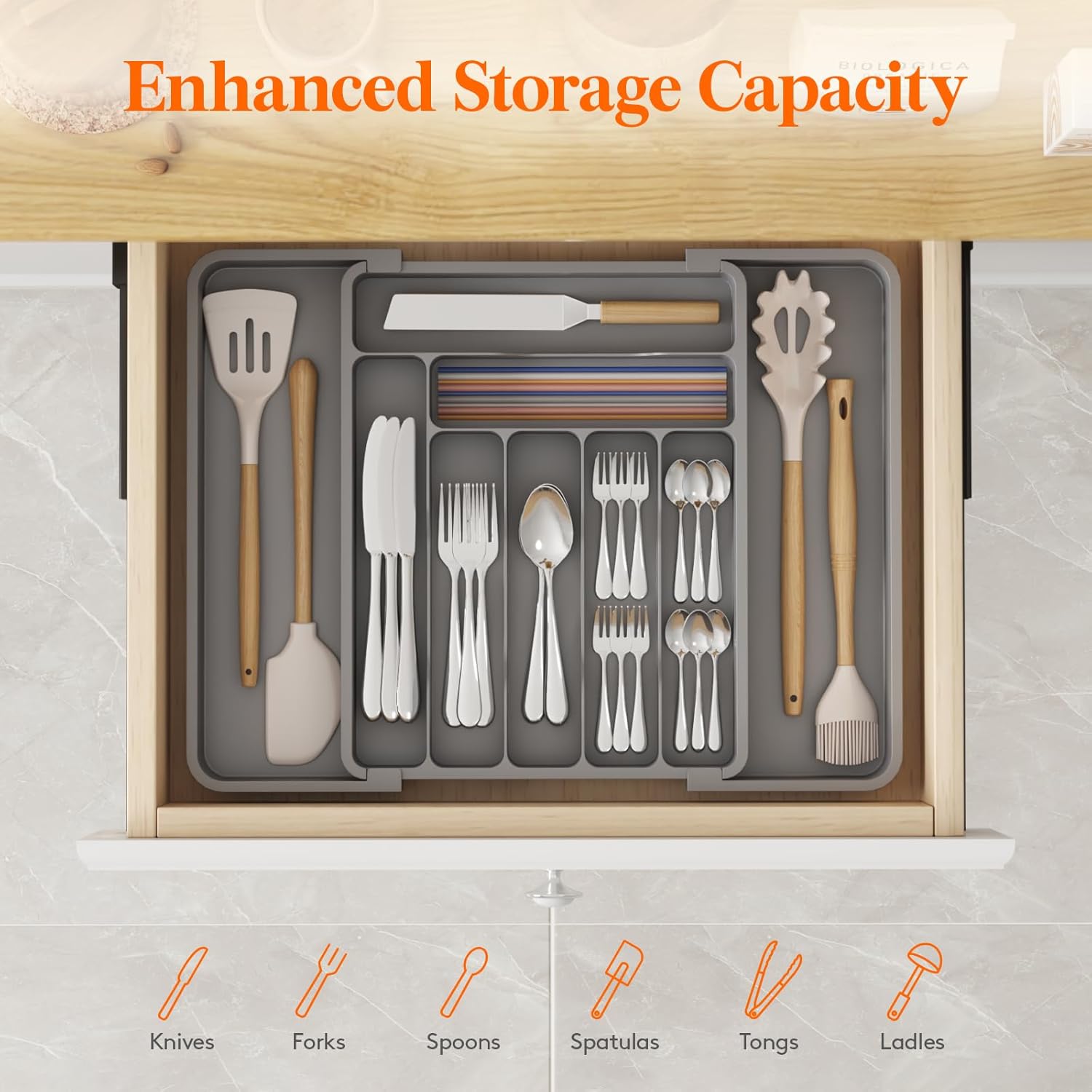 Lifewit Silverware and Cooking Utensil Drawer Organizer Set – Expandable Adjustable Plastic Storage for Cutlery, Flatware, Spoons, Forks, Knives, and Kitchen Tools, BPA-Free, Gray