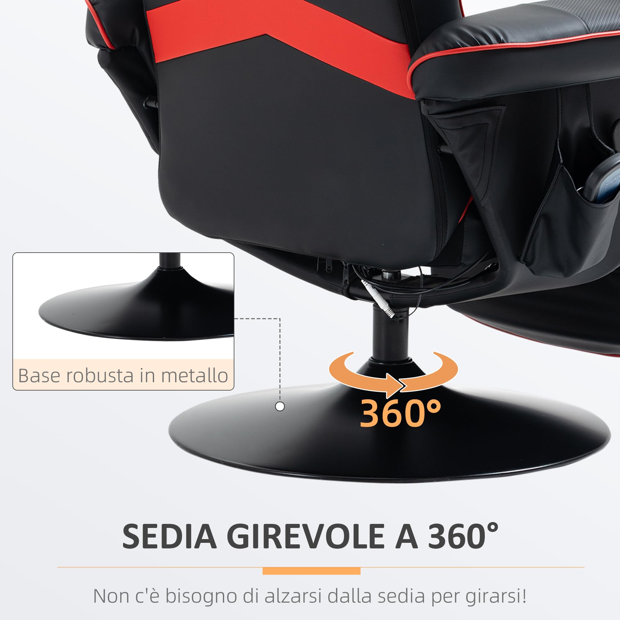 HOMCOM Sedia da Gaming Massaggiante e Reclinabile con Poggiapiedi, Portabicchieri e Cuscino, Sedia Ergonomica in Finta Pelle, Acciaio, 79.5x82.5x111.5 cm, Nero e Rosso