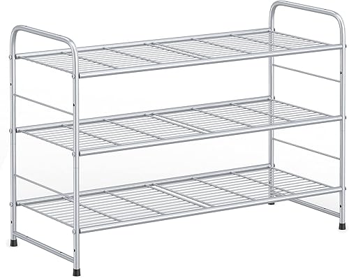 Coonoor Zapatero de 3 niveles apilable y ajustable con rejilla de alambre multifuncional organizador de zapatos color plateado