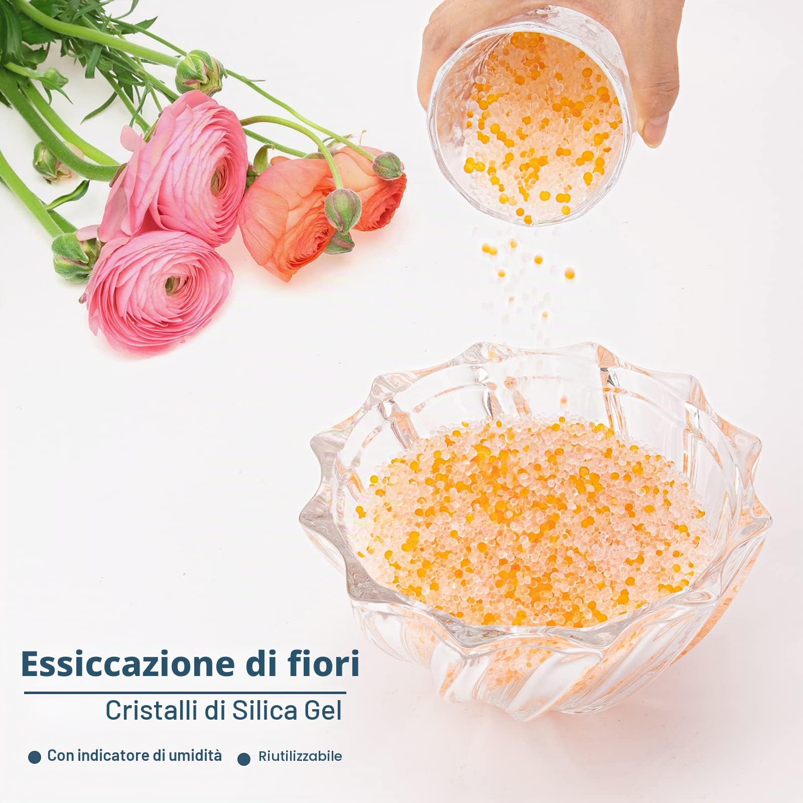 O2frepak Cristalli Essiccanti per Fiori di Gel di Silice da 2.2 Libbre (1KG), Confezioni di Perline Essiccanti di Gel di Silice Riutilizzabili con Indicazione del Colore