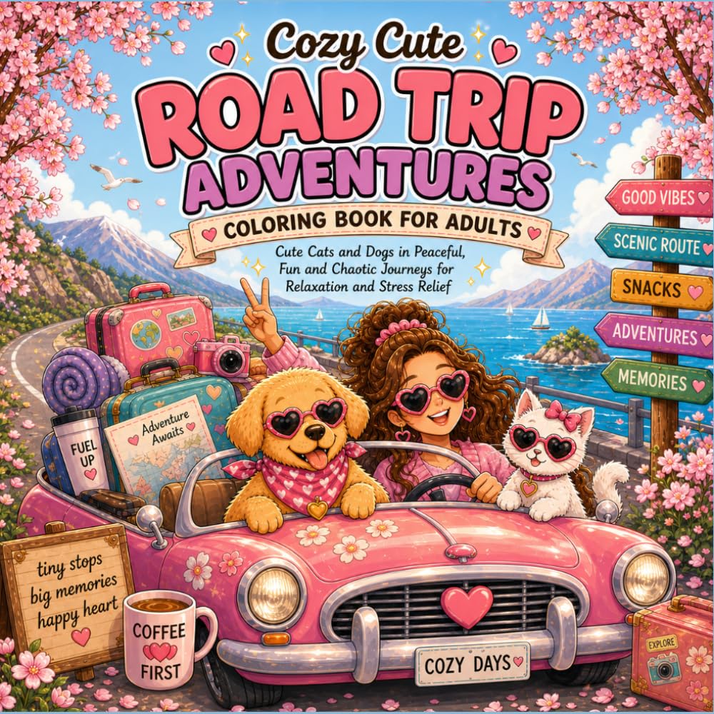 Cozy Cute Road Trip Adventures Coloring Book: Cute Cats and Dogs in Fun and Chaotic Travel Scenes for Relaxation and Stress Relief
