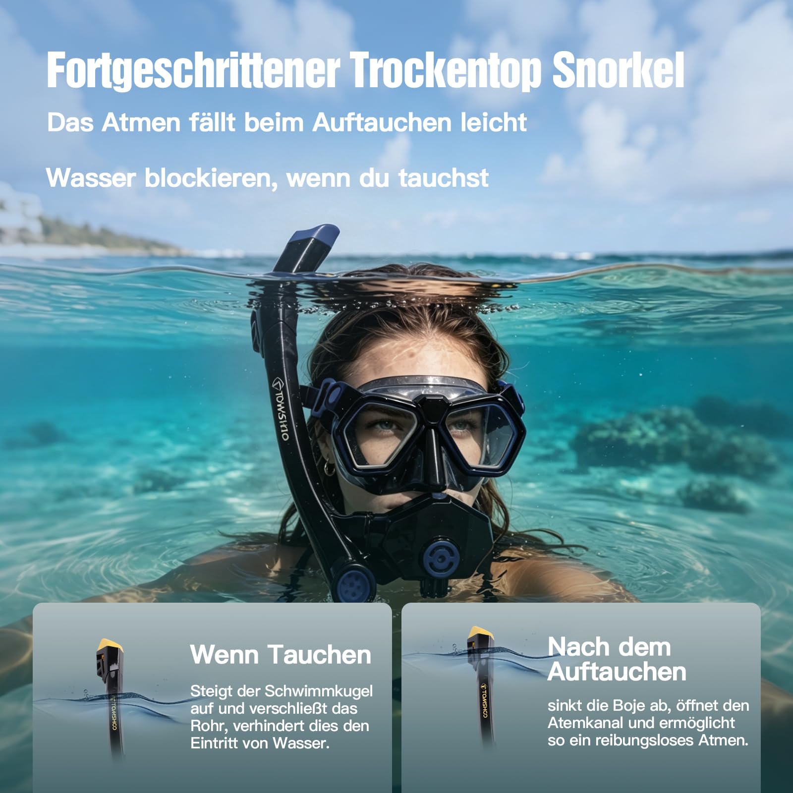 TOMSHOO Schnorchelset Erwachsene, Vollgesichts Schnorchelmaske mit Druckausgleich und Kamera-Halterung, 180° Panoramablick Tauchmaske, Anti-Fog Anti-Leck aus Gehärtetem Glas für Herren und Damen