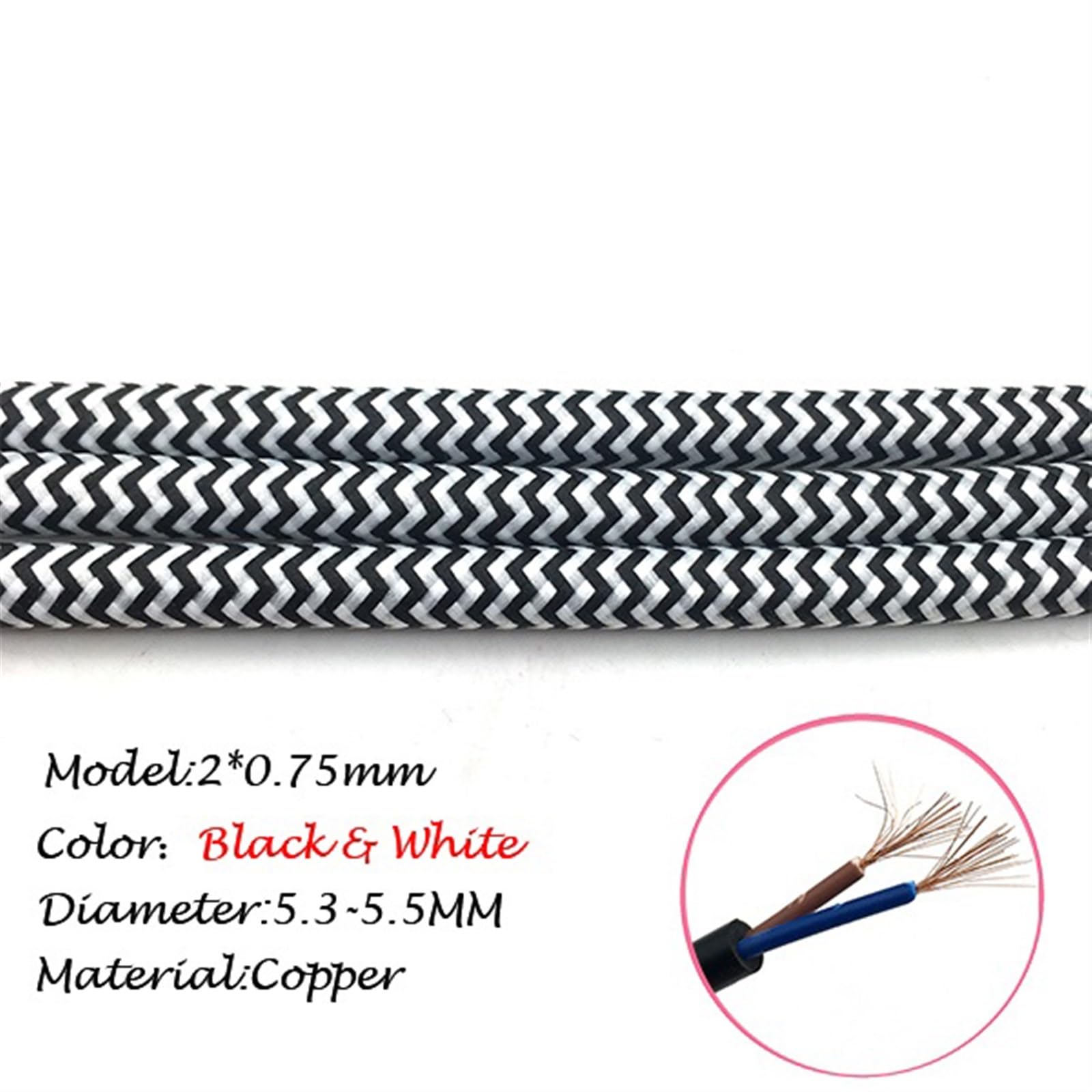 Draht, Lampenkabel im Vintage-Stil, geflochten, 2 x 0,75 mm, 300 V, W, mehrfarbig(Black and White,10Meter)