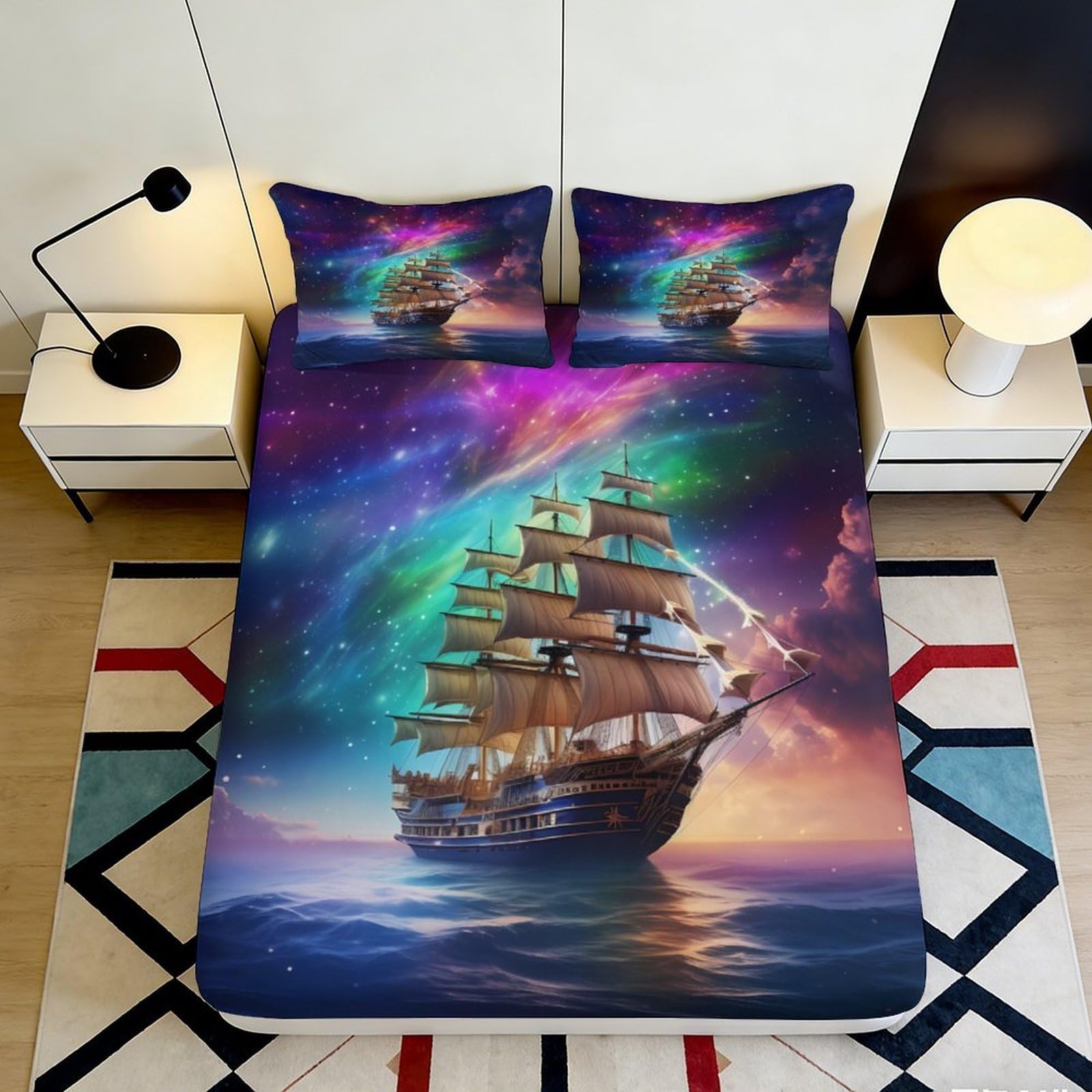 Pnayamiorkfel Style-1 3D Printed Aurora Sailing Ship Fitted Sheet Microfiber Soft Bed Cover For Bedroom Decor Dorm Mattress Protection 90X200x25cm