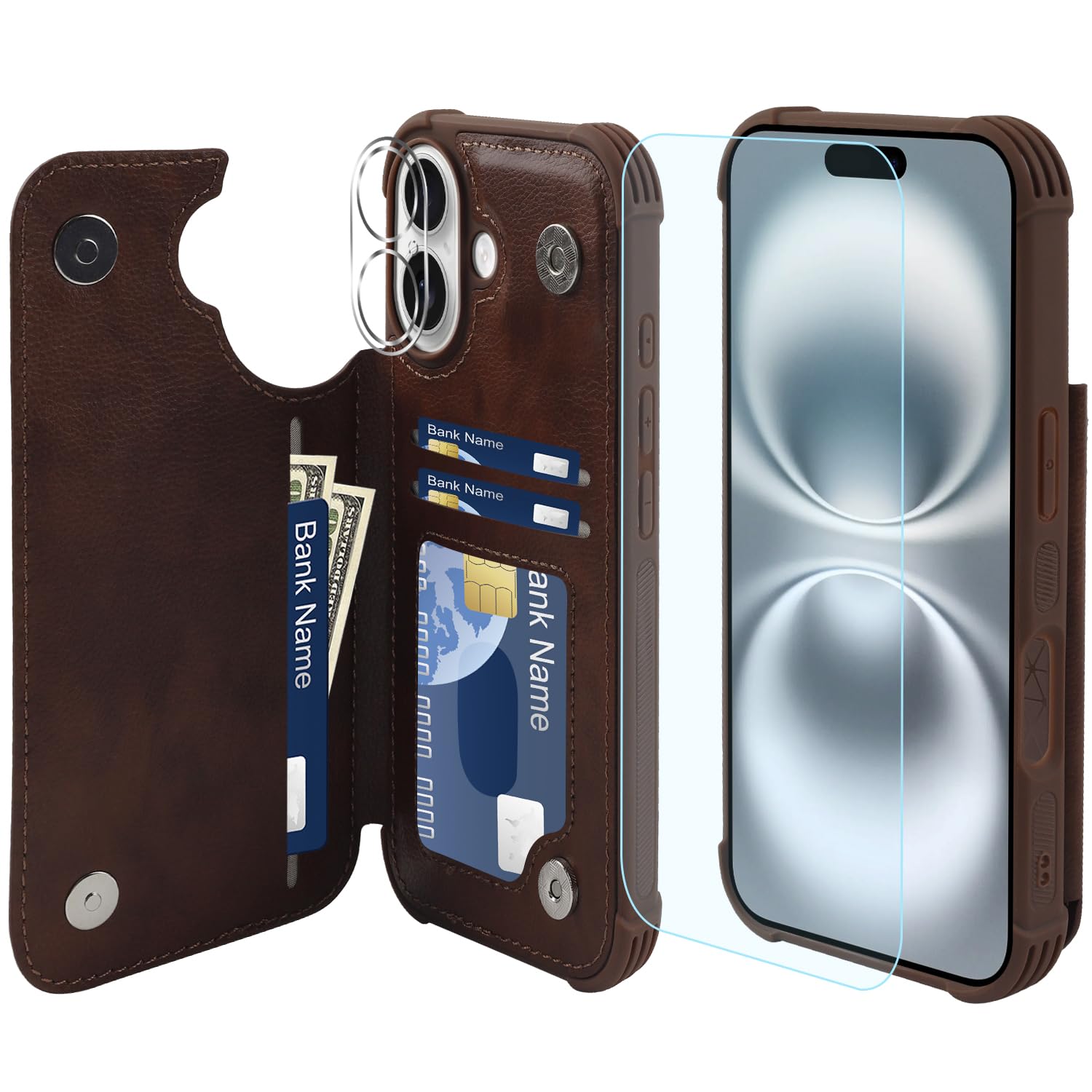 VANAVAGY Compatible for iPhone 16 Plus Wallet Case with Credit Card Holder,Rfid Leather Flip Folio Phone Cover Fits Magnetic Car Mount and Stand with Screen Camera Protector,brown