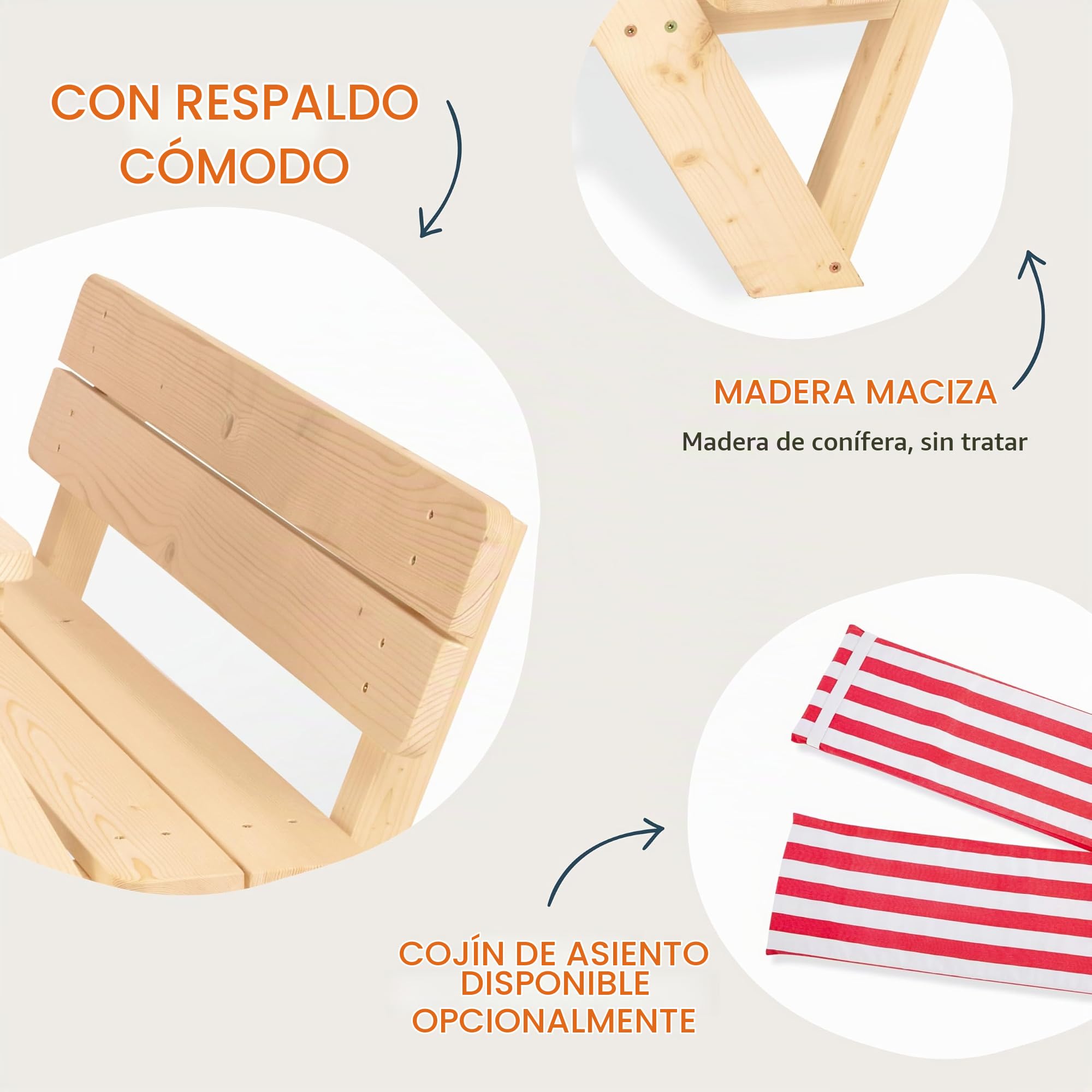 PINOLINO Nicki para 4 con respaldo juego de asientos para niños - madera maciza, 2 bancos, 1 mesa, ergonómico, natural, ideal para niños de 2 a 7 años, jardín y terraza