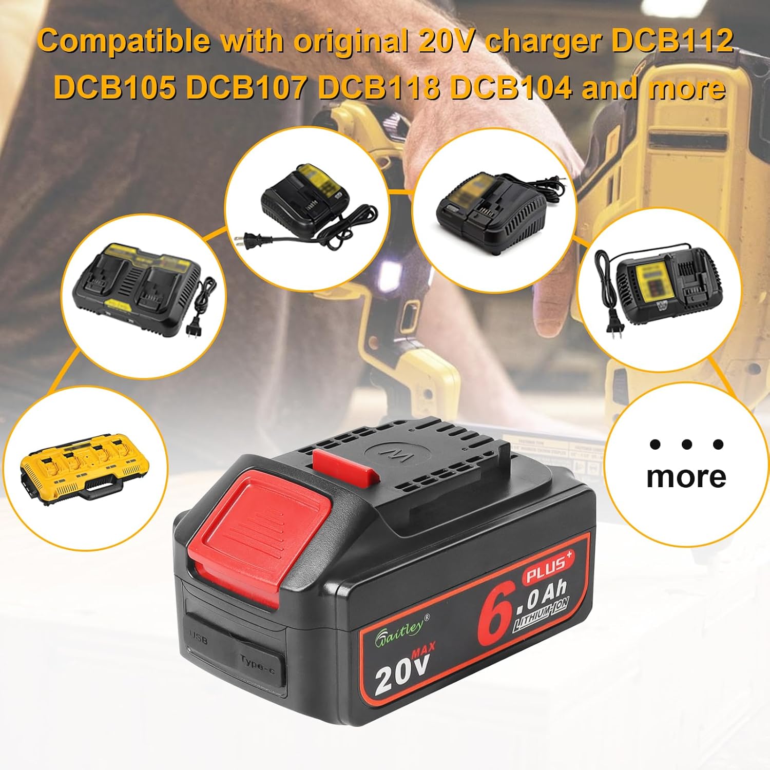waitley 2Pack Upgraded 20V Real 6A Plus Compatible with Dewalt 20 Volt Cordless Power Tools with USB Socket and Type-C Fast Charging (Not Made in Dewalt)