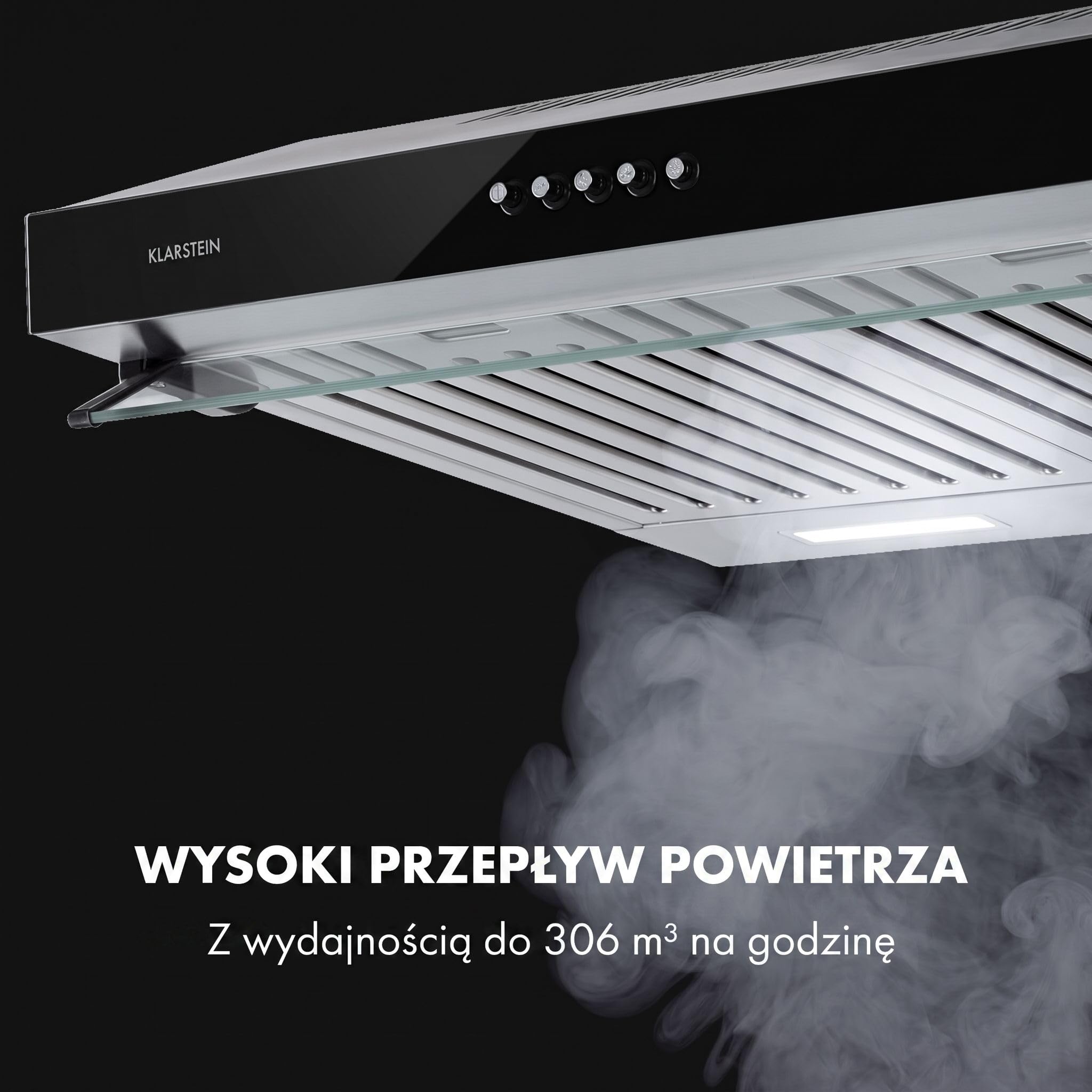 Klarstein Purista - Okap kuchenny, Okap podszafkowy, Szerokość 60 cm, Stal nierdzewna, Montaż ścienny, Oświetlenie halogenowe, Wydajność 306 m³/h, uchylny panel ze szkła, czarny