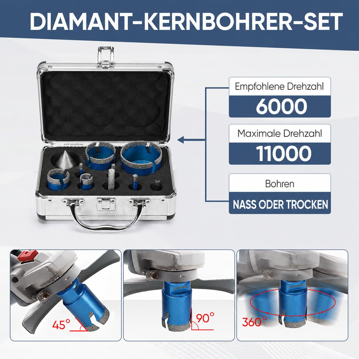 Diamant Fliesenbohrer Set 10 Stücke, 6/6/8/20/35/50/68mm, Diamant-Fasenbohrer /10mm Fingerbohrer/Dreikantschaft-Adapter vakuumgelötet für Porzellan Fliesen Keramik Granit Marmor