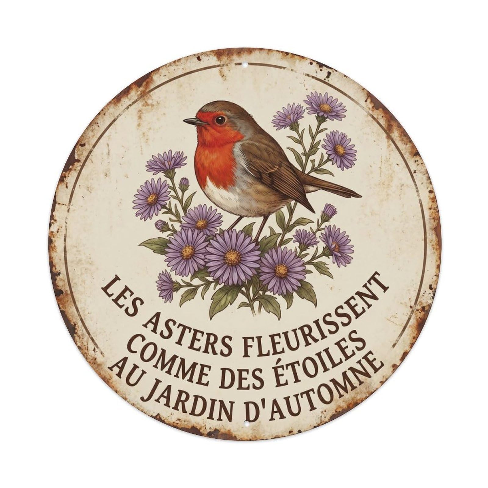 Robin Bird Garden Quote Aster RoundMetal Tin Sign