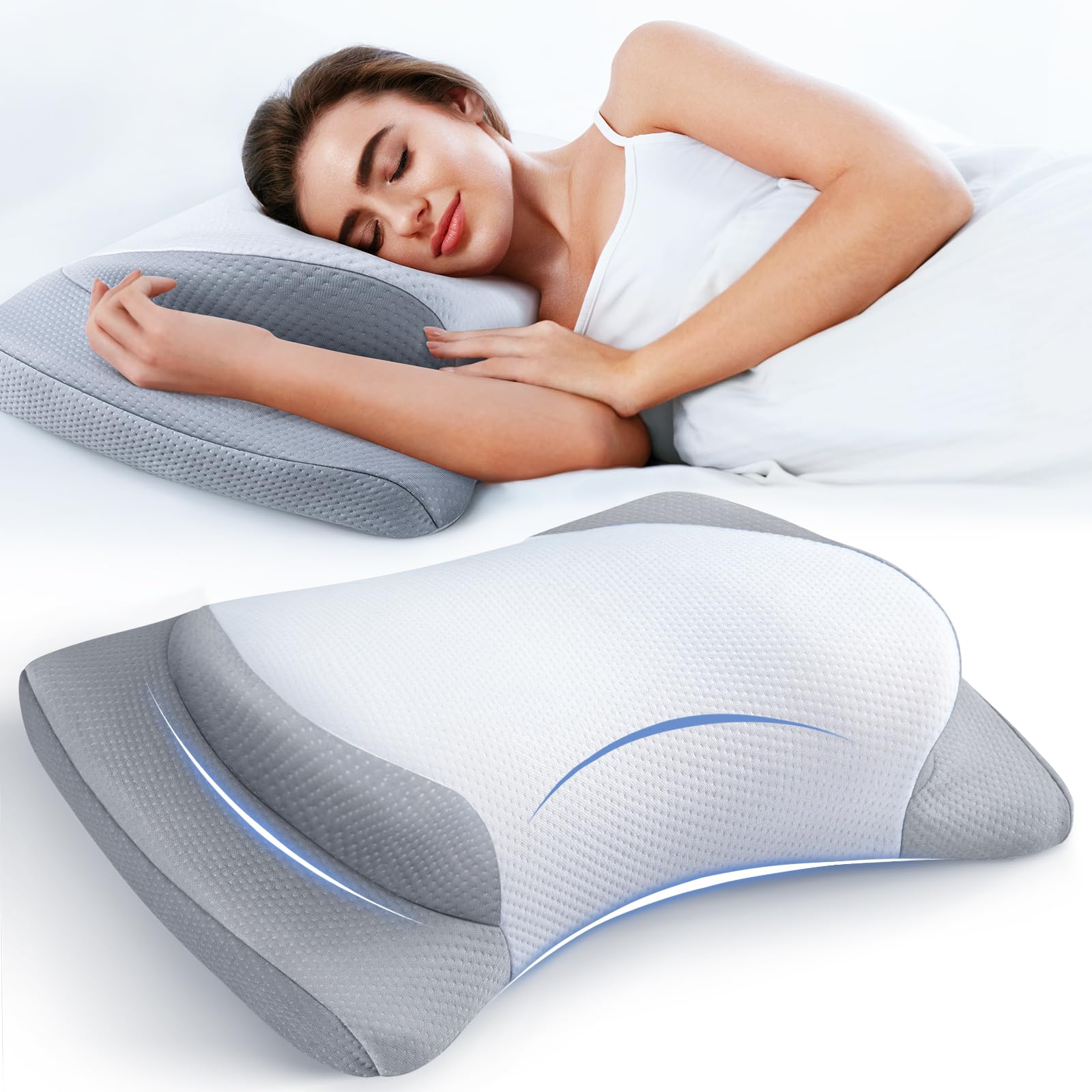 8X Support Side ing Pillow for Neck Pain , Adjustable Cervical Fit Shoulder Perfectly, Ergonomic Contour Memory Foam Pillows with Armrest Area, Bed Back Stomach Grey Queen