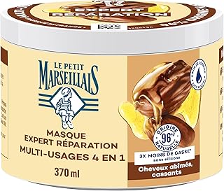 Le Petit Marseillais Masque 4 en 1 Expert Réparation Huile de Jojoba Bio (Pot de 370 Ml) – Masque Capillaire pour Cheveux Cassants – Soin Cheveux sans Silicone 96% d'Origine Naturelle