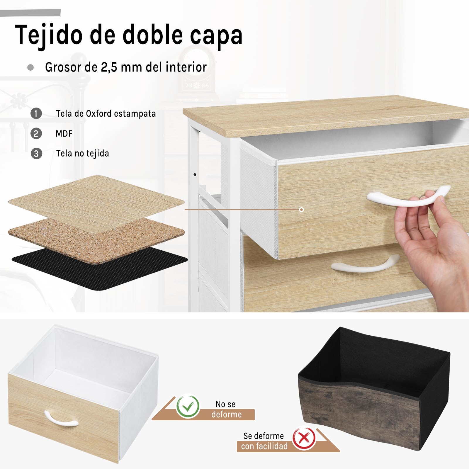 WOLTU Comoda Dormitorio, Cómoda con 5 Cajones de Tela, Cajonera Dormitorio para Armario, Salón, Pasillo, Comoda Cajonera Almacenaje con Estructura Metálica y MDF, Roble Claro+Blanco, SSK004whe