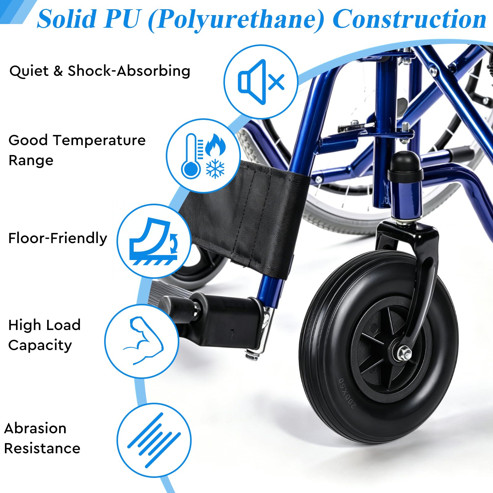 EFUTURETIME 2 x Ersatzräder 190mm Vollreifen, Ersatz Lenkrollen PU für Rollstuhlräder Vordere 8 Zoll für Rollator, Rollstuhl, Laufrad, Gehhilfe (Schwarz)
