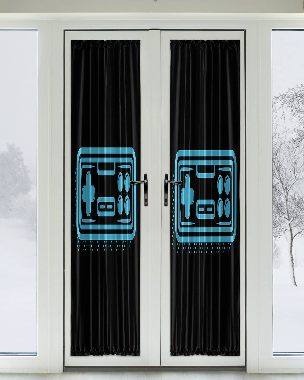 Video Game Black Out French Door Curtains For Door Window,Blue Gamer Kids Boys Gamepad Console Game Controller Rod Pocket Door Drapery Curtain Panel With Tiebacks For Sidelight Front Doors,54