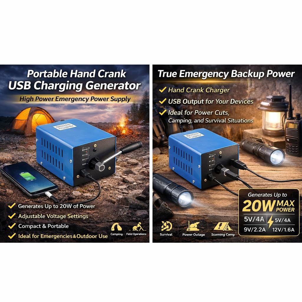 Generador Manual de Electricidad, Manivela Portátil 20W, Metal, Cargador USB de Emergencia, 2000 RPM, para Camping y Supervivencia