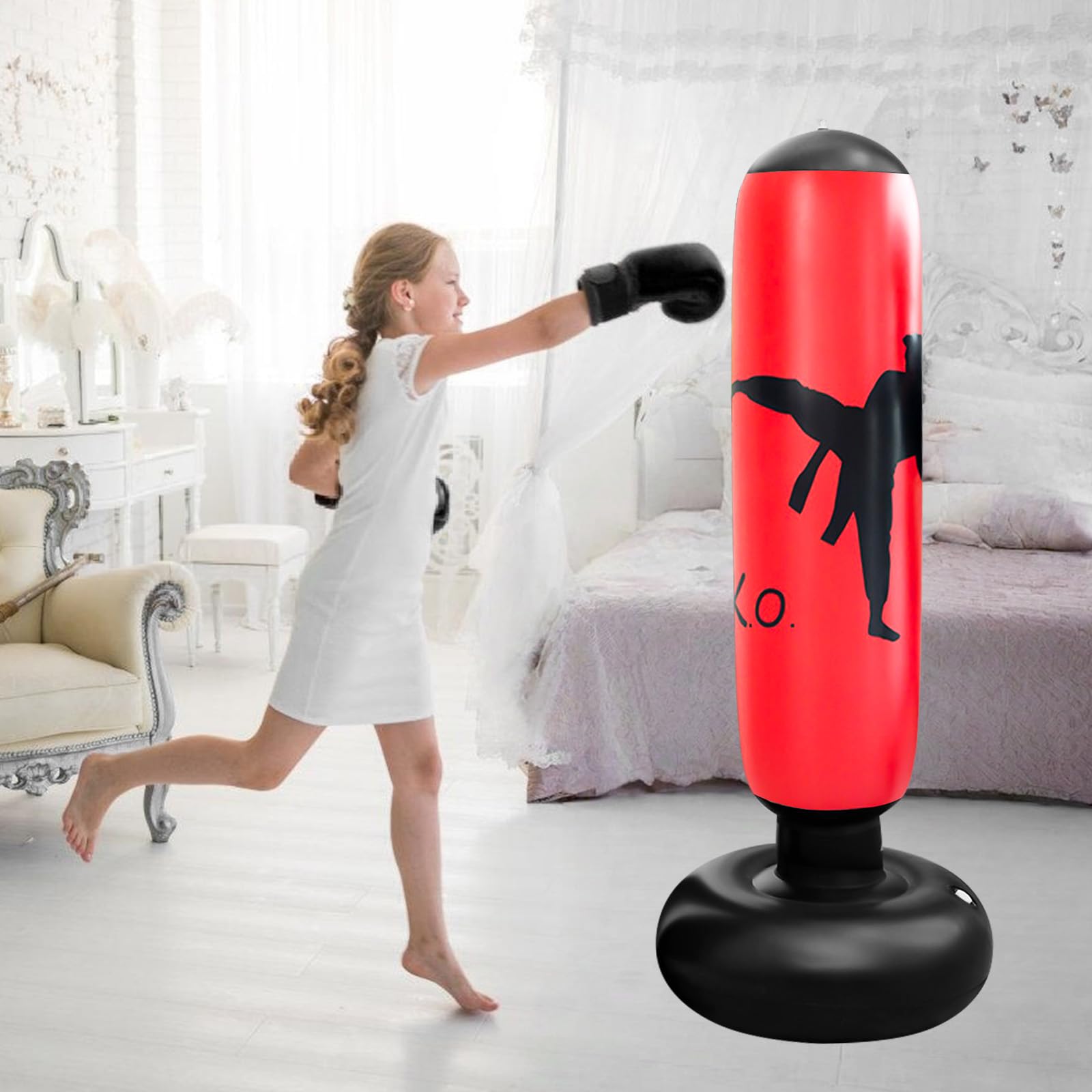 Sacco da boxe per bambini, 160 cm, per bambini, in piedi, con guantoni da boxe, gonfiabile, per interni, esterni, palestra, dai 3 ai 12 anni, per ragazzi e ragazze, colore rosso