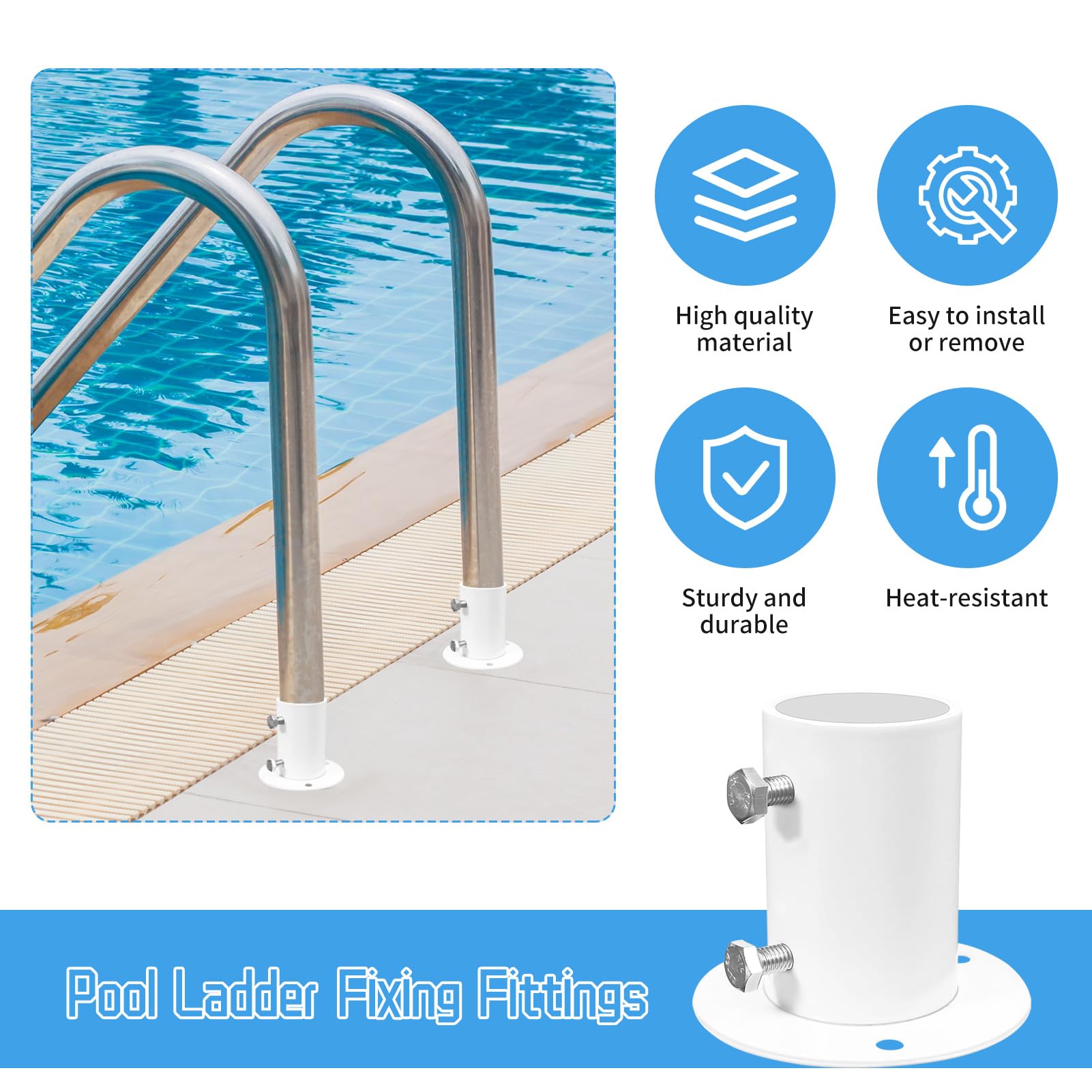 Bridas de cubierta para escaleras de escalera de piscina sobre el suelo, bridas de anclaje para escalera de piscina sobre el suelo, bridas de acero inoxidable, bridas blancas, brida de extremo de