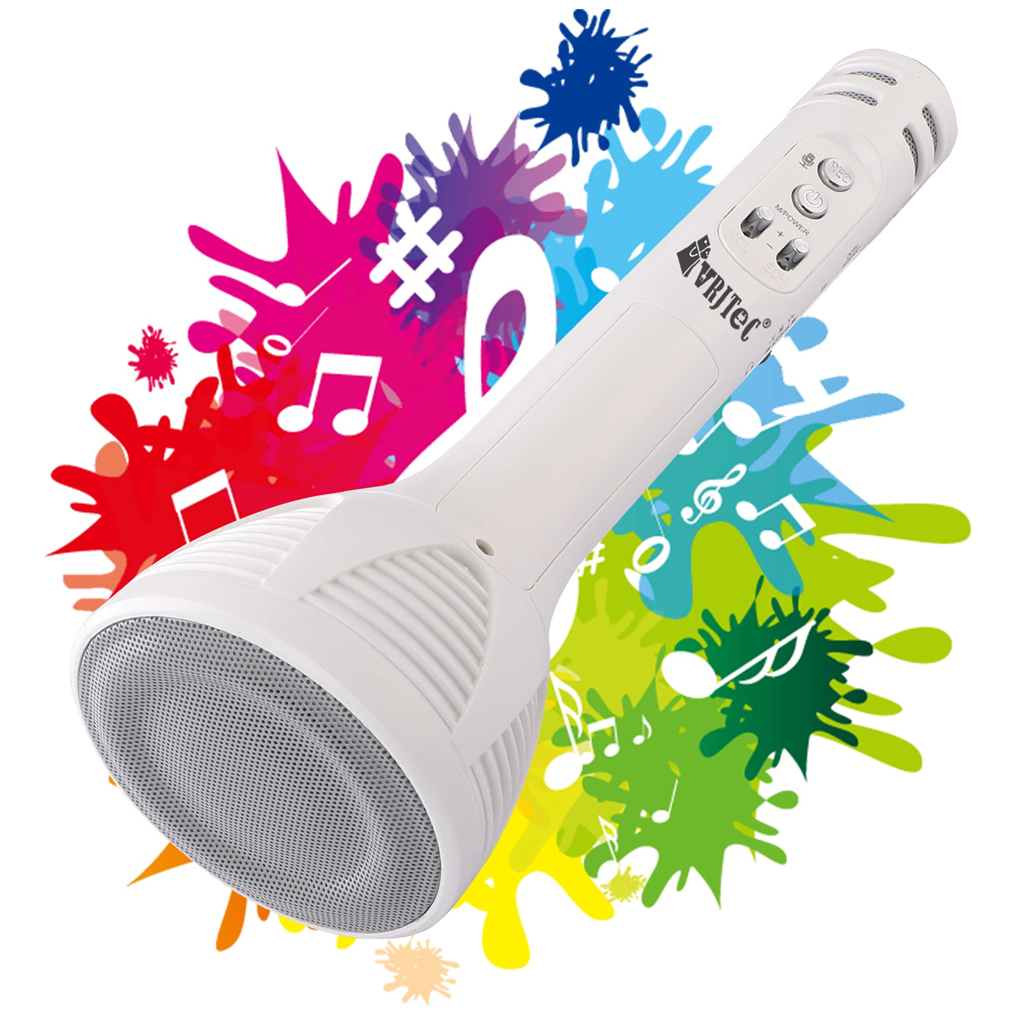 VRJTEC Wireless Mic – Portable & Multifunctional 2 in 1 Handheld Microphone with Audio Recording + USB Charging + Card Slot + Aux Port, Perfect for Karoke Fun, Duel Singing, Parties (White - Color)-image-7