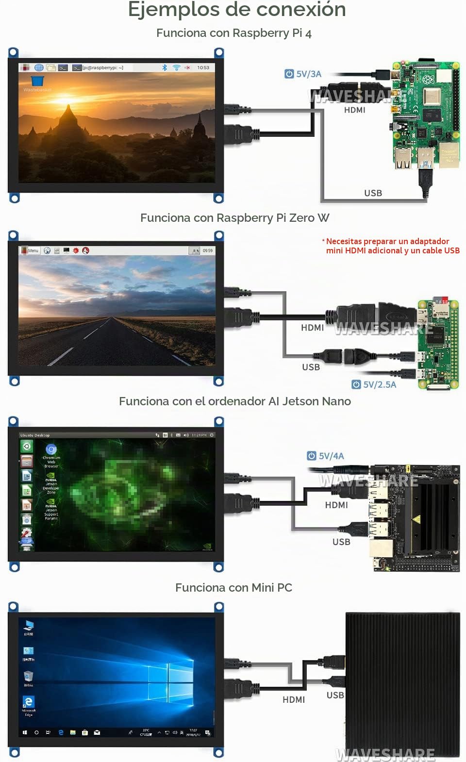 Waveshare 5 Inch Display Capacitive Touchscreen HDMI LCD (H) 800x480 Resolution Supports All Raspberry Pi/Windows 10/8.1/8/7 Computer Monitor/Game Console/Multi Mini-PC BB Black 5Zoll Bildschirm