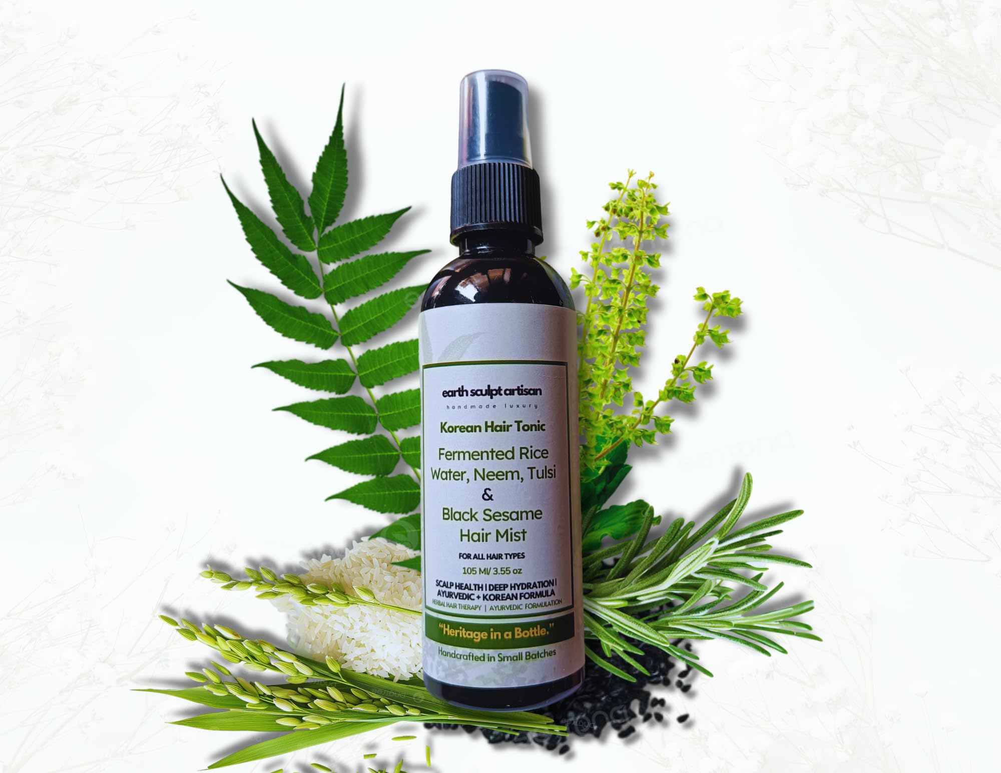 Earth Sculpt Artisan Korean Fermented Rice Water Spray with Neem, Tulsi & Black Sesame | For Hair Growth, Stronger & Radiant Hair, Hair Fall Control | 100% Natural Extract | Adds Shine , Soft & Smooth Hair | Non-Greasy & Fast Absorbing | 105ml-image-49
