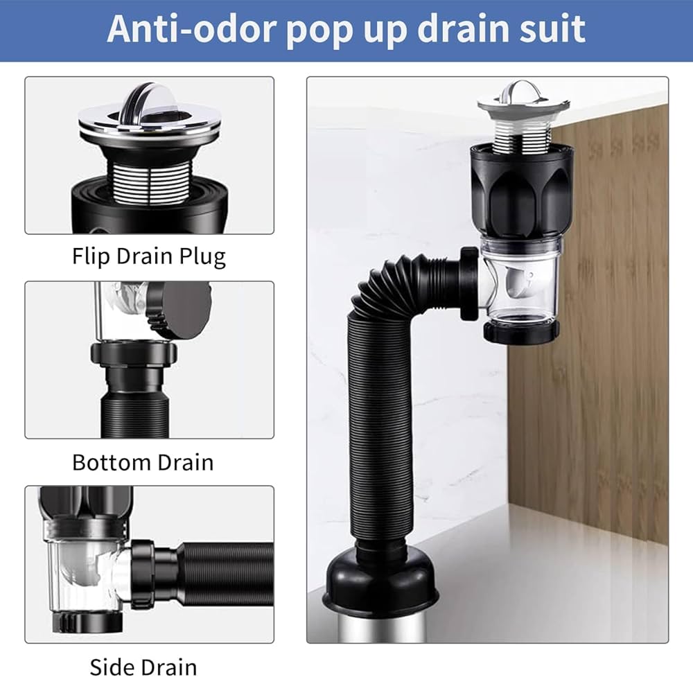 Joyzzz Bathroom Sink Drain, Anti Odor Bathroom Sink Drain Kit with Flexible P Trap Pipe, Easy Install Expandable S DownPipe, Washbasin Extension Pipe for Bathroom and Kitchen Sink Drain : Buy Online