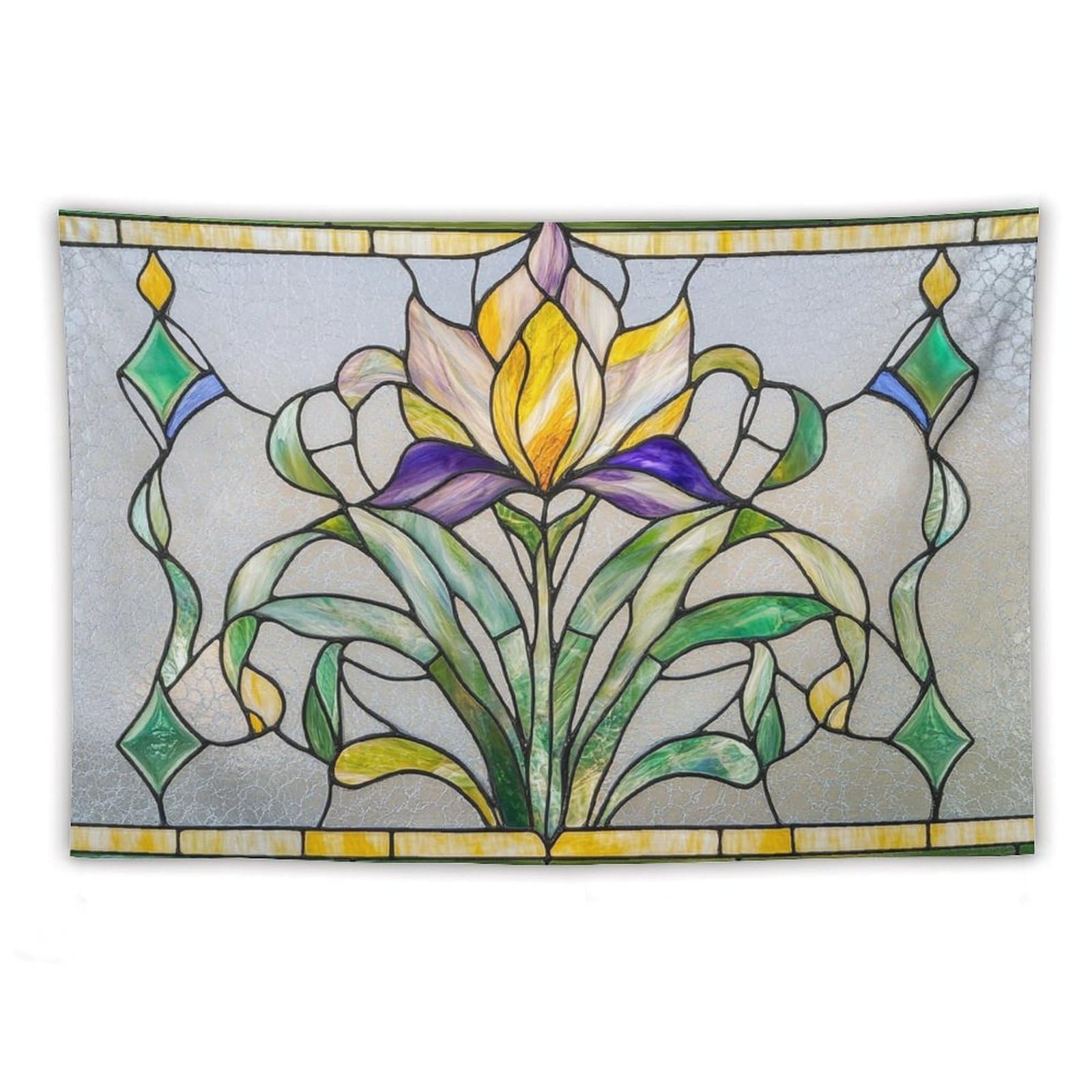 Jubonexis Stained Glass Nouveau Floral Green And Yellow Tapestry Polyester Aesthetic Wall Hanging Bedroom Living Room Dorm Decor 40"x60"