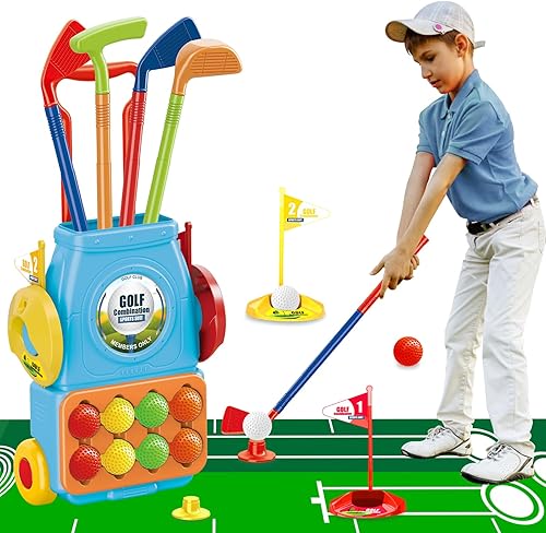 Mililier Juego de golf para niños pequeños, juego de golf para niños con 10 pelotas de golf, 1 tapete de putt, 4 palos de golf para niños pequeños y