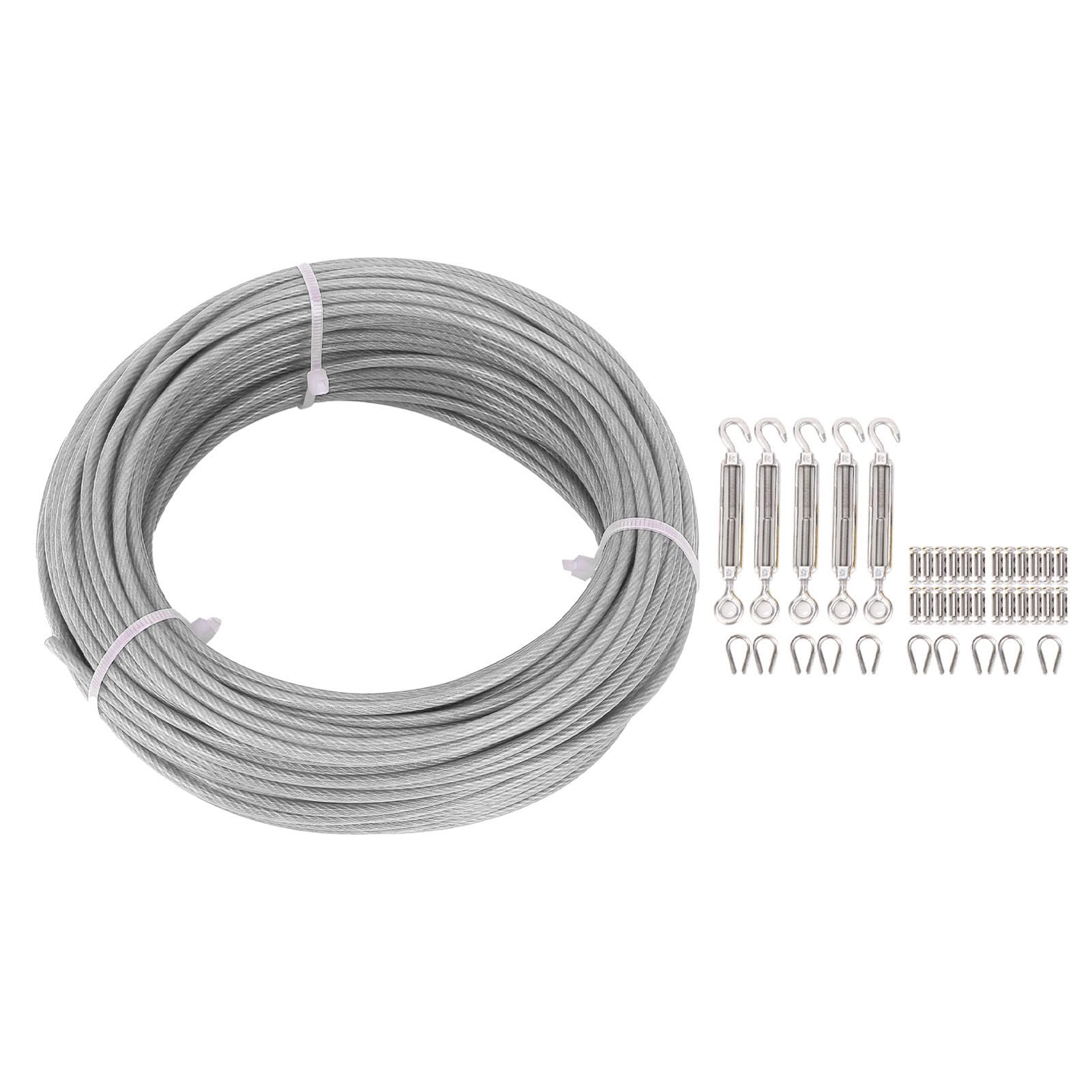 1/8in Wire Rope Kit 100ft 304 Stainless Steel Wire Cable Hook and Eye Turnbuckles Thimbles Eye Screws Kit Steel Wire Rope Turnbuckle Kit 100ft String Light Hanging Kit