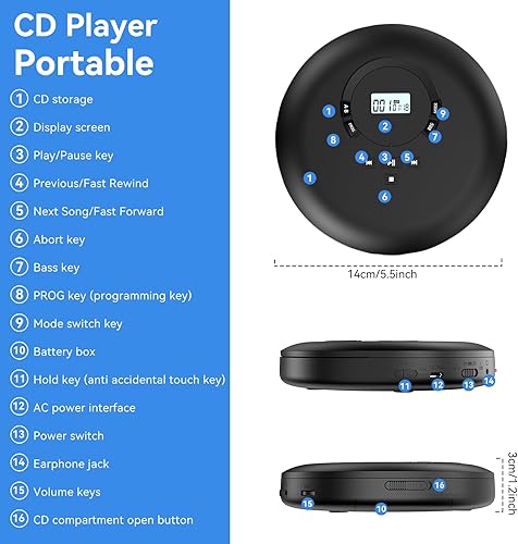 Miniatura 6 de Gueray Reproductor de CD portátil CD Discman Reproductor de CD portátil para coche con anti-salto a prueba de golpes reproductor de CD personal con