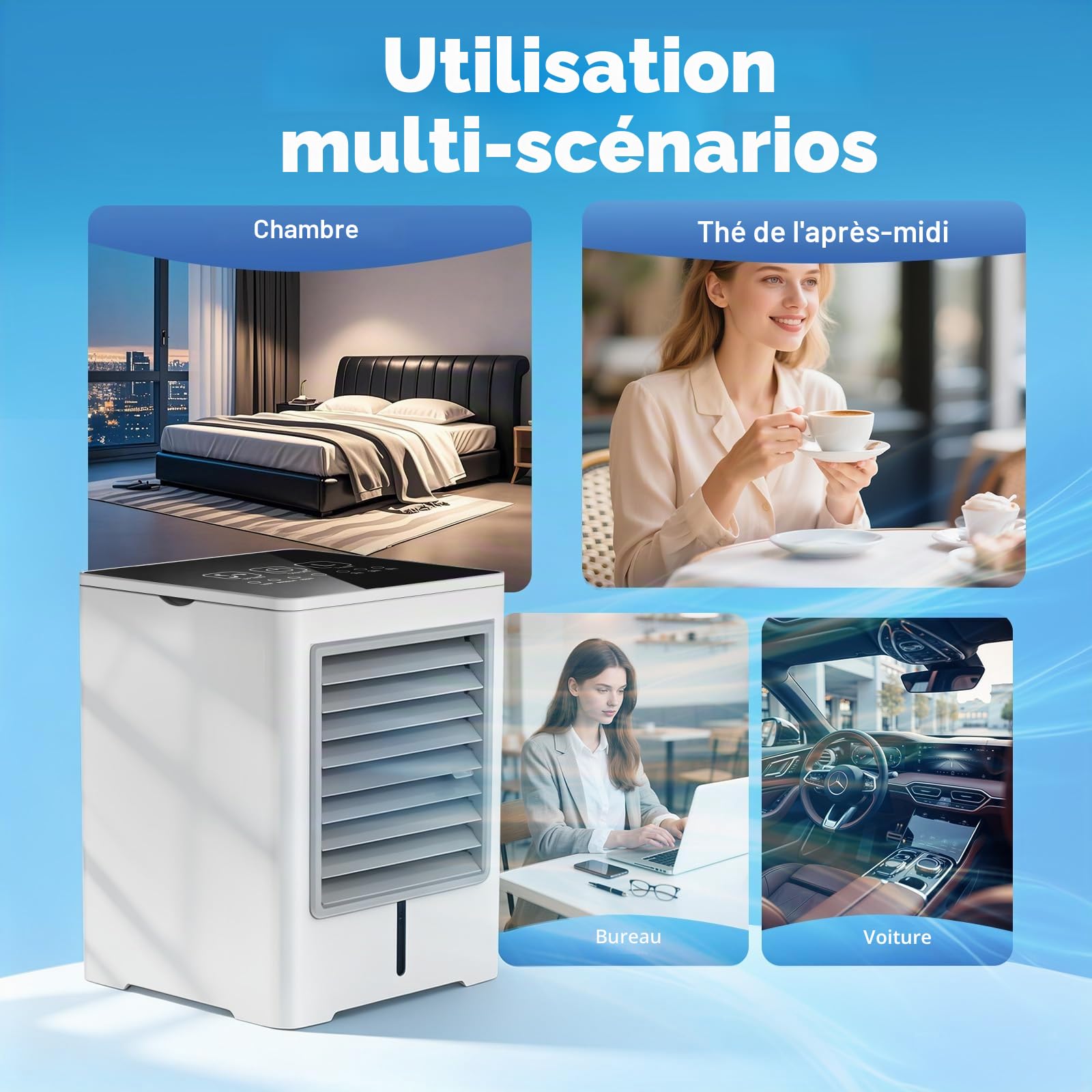 Climatiseur Mobile 3 en 1, Ventilateur avec Eau 470ml, Rafraichisseur d'Air | Alimentation USB, 3 Vitesses, Minuterie, Écran Tactile, Silencieux, sans Évacuation, pour Usage Personnel, Chambre, Bureau